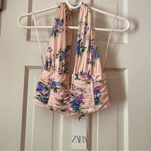 NWT ZARA Pink Floral Halter Crop Top with Draped Fabric